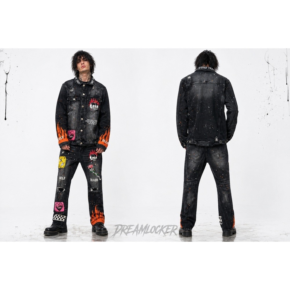 THRT Denim Custom Painted Jacket Jeans Set Punk‎ Goth Emo Streetwear 40x30